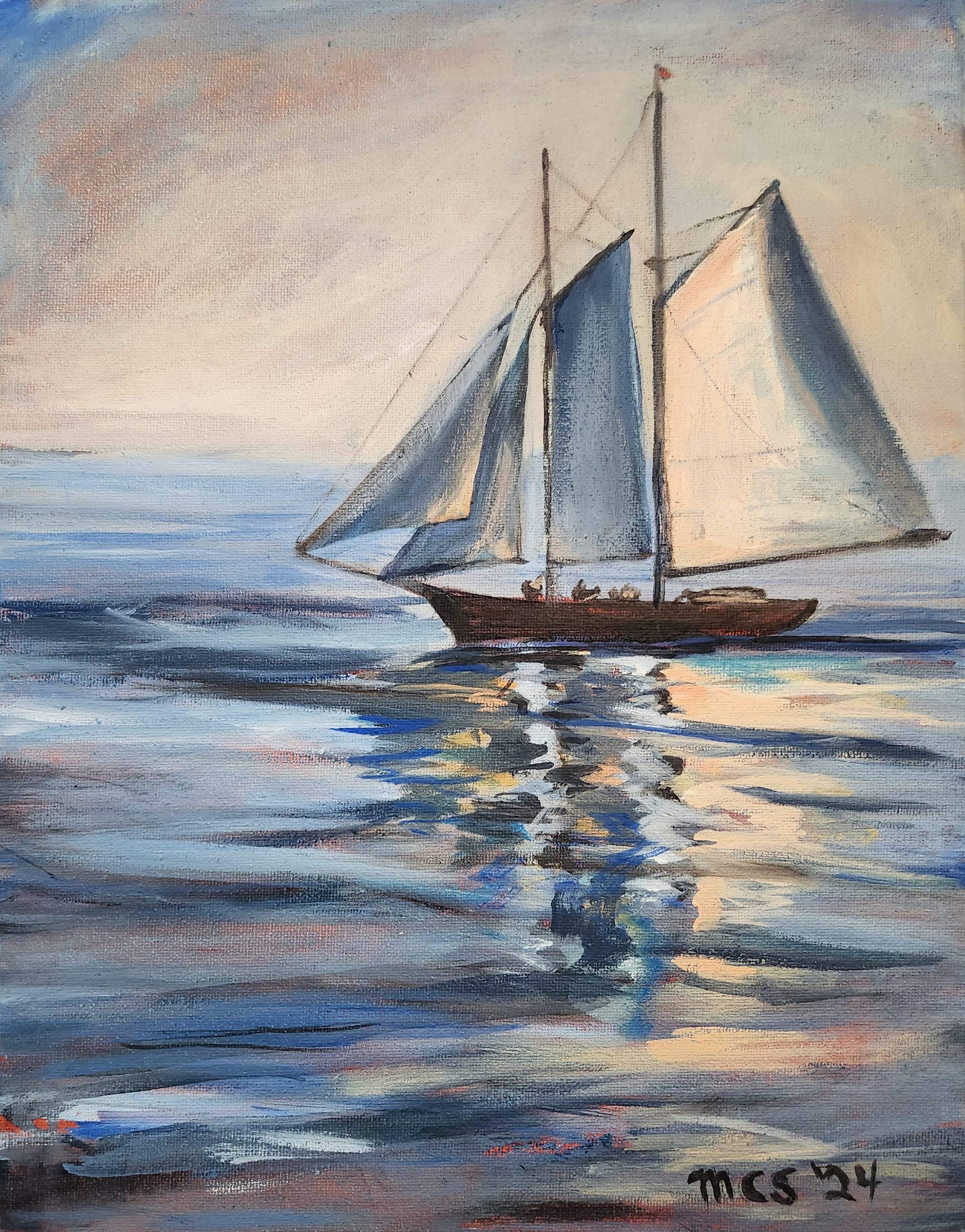 Golden Hour Schooner, Original Oil Painting, 11"x14"